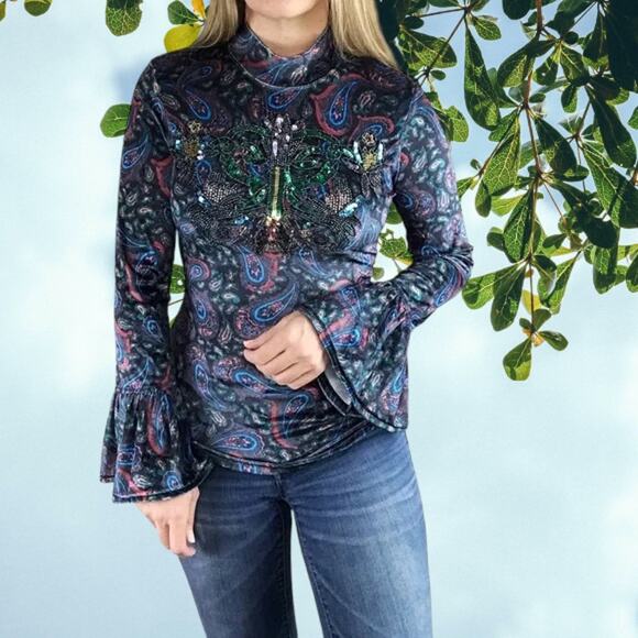 NWT - Free People WE THE FREE Velvet Paisley L'Amour bell sleeve top Size: XS - Picture 1 of 6